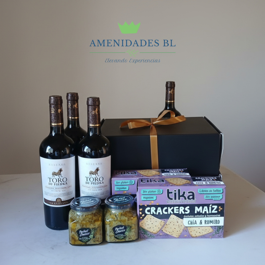 Box gourmet con vino Toro de Piedra, dip de espárrago y galletas artesanales en caja personalizada – Amenidades BL.