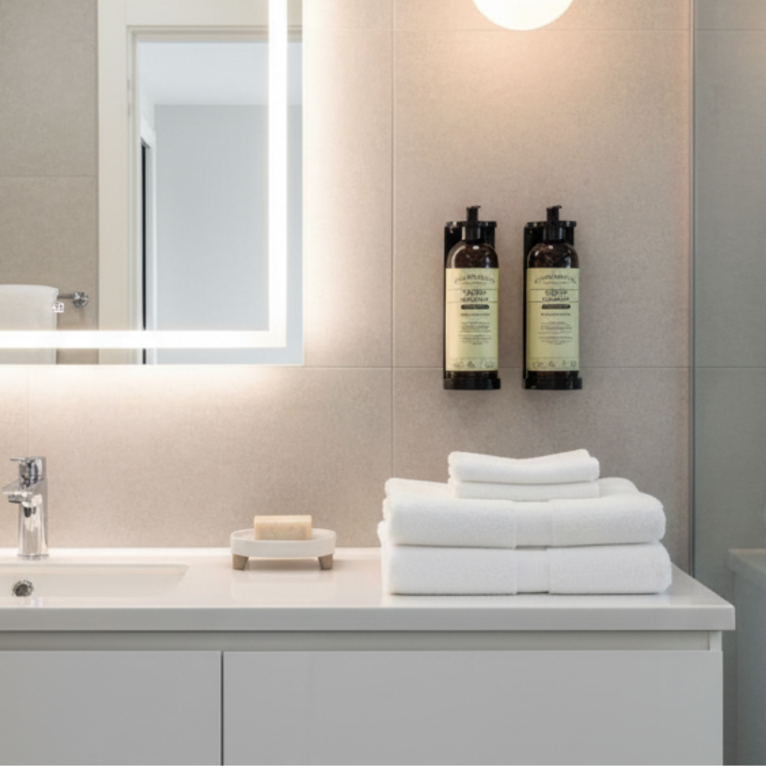 Sistema dispensador premium Pharmacopia instalado en baño Airbnb estilo hotel boutique