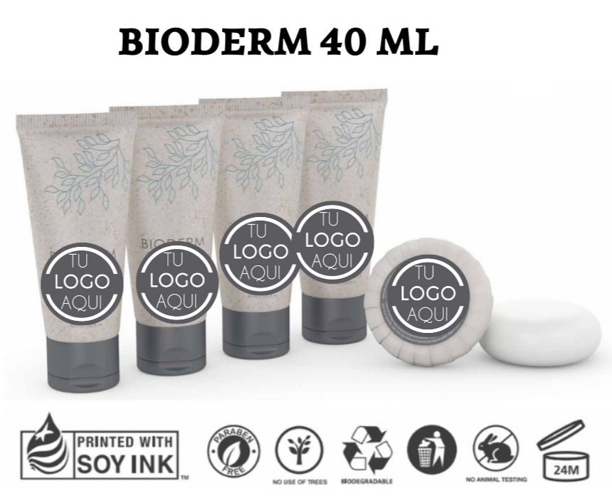 BioDerm 40 ml: Formulación hipoalergénica con extracto de Aloe Vera y Argán. Envase bioplástico de almidón de paja de trigo y tapa flip top.