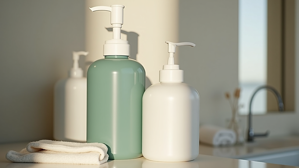 Vista panorámica de productos de higiene y merchandising sostenible para hoteles