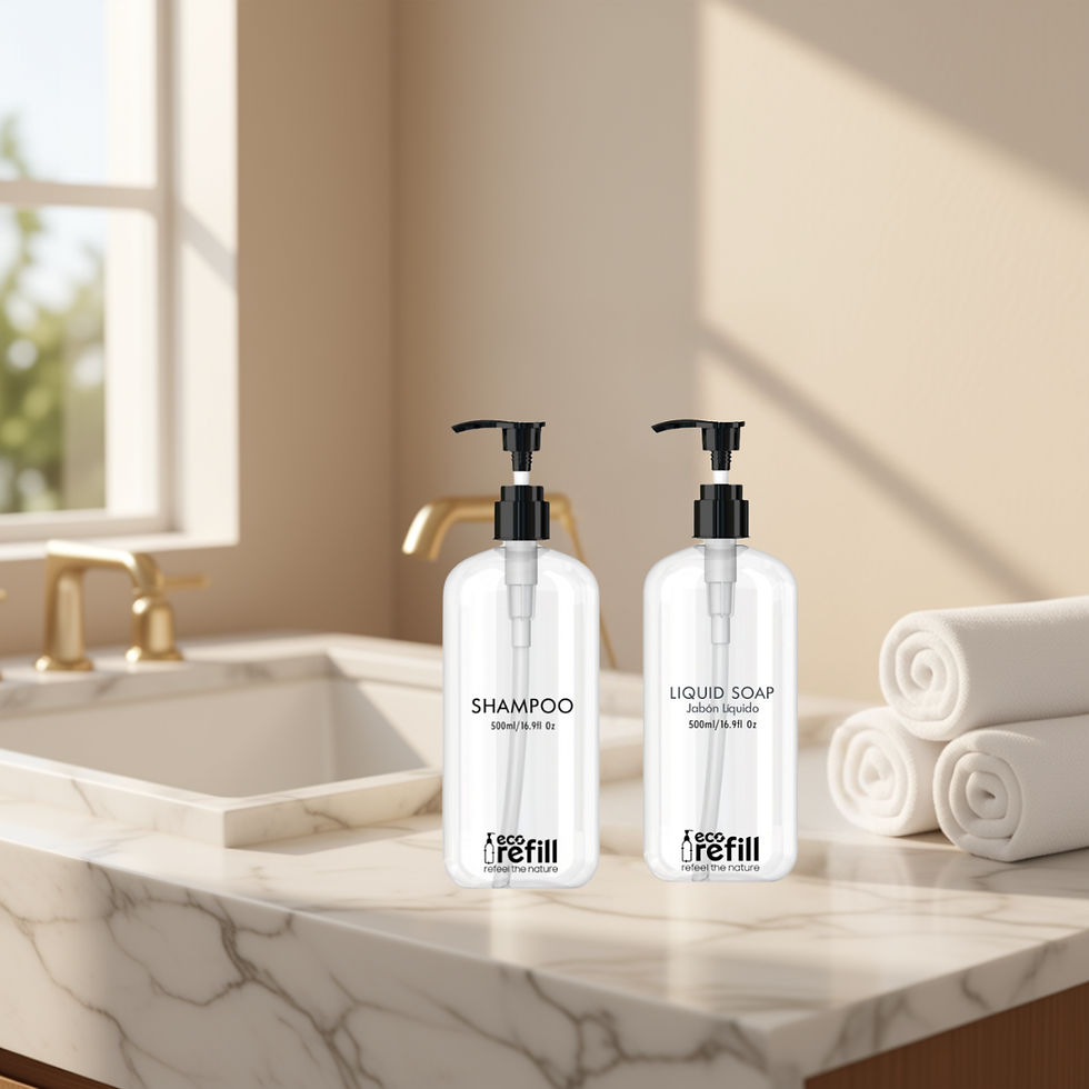Dispensadores recargables Pharmacopia con shampoo y jabón líquido instalados en baño de hotel premium.