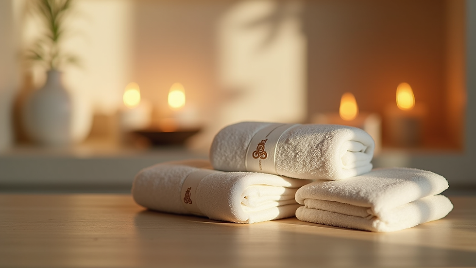 Close-up de amenidades personalizadas con logo en un spa de Las Condes