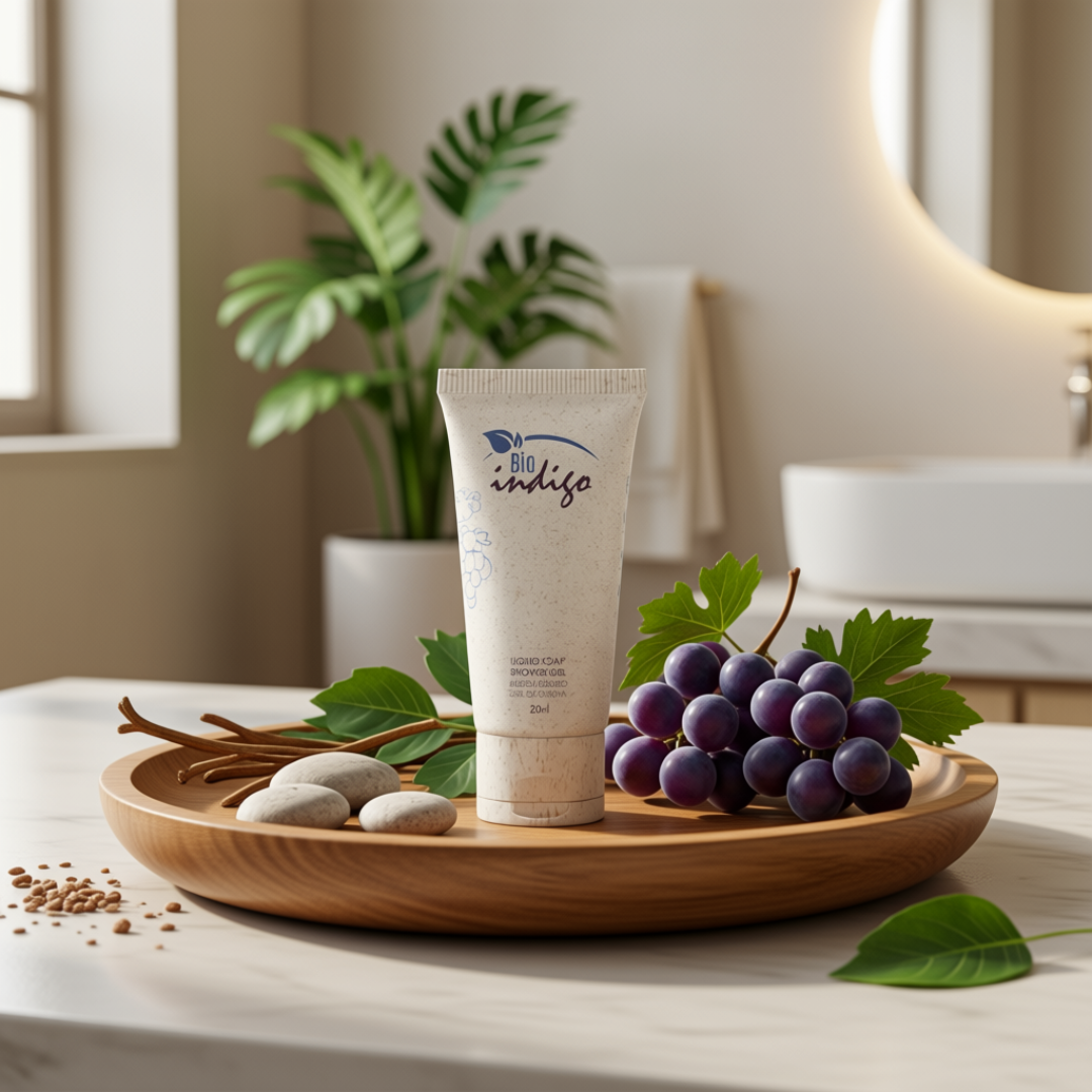 Gel de ducha Bio Índigo 20 ml con fragancia uva y envase sustentable