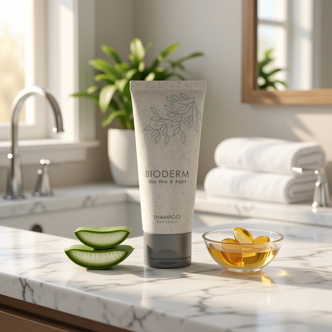 Shampoo Bioderm 40 ml en habitación de hotel boutique
