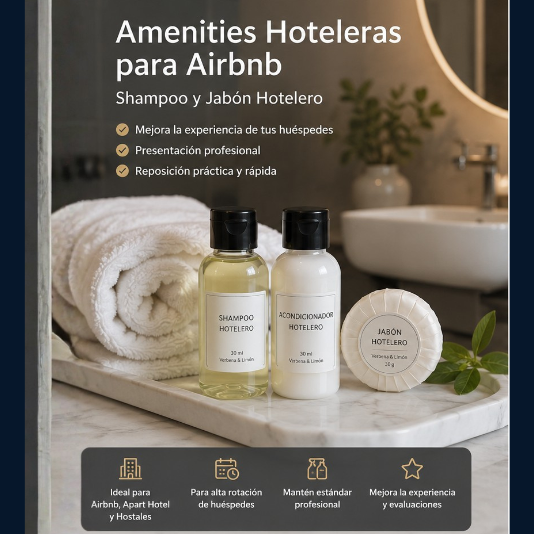 Amenities Airbnb 30 ml con shampoo y jabón hotelero para alojamientos turísticos