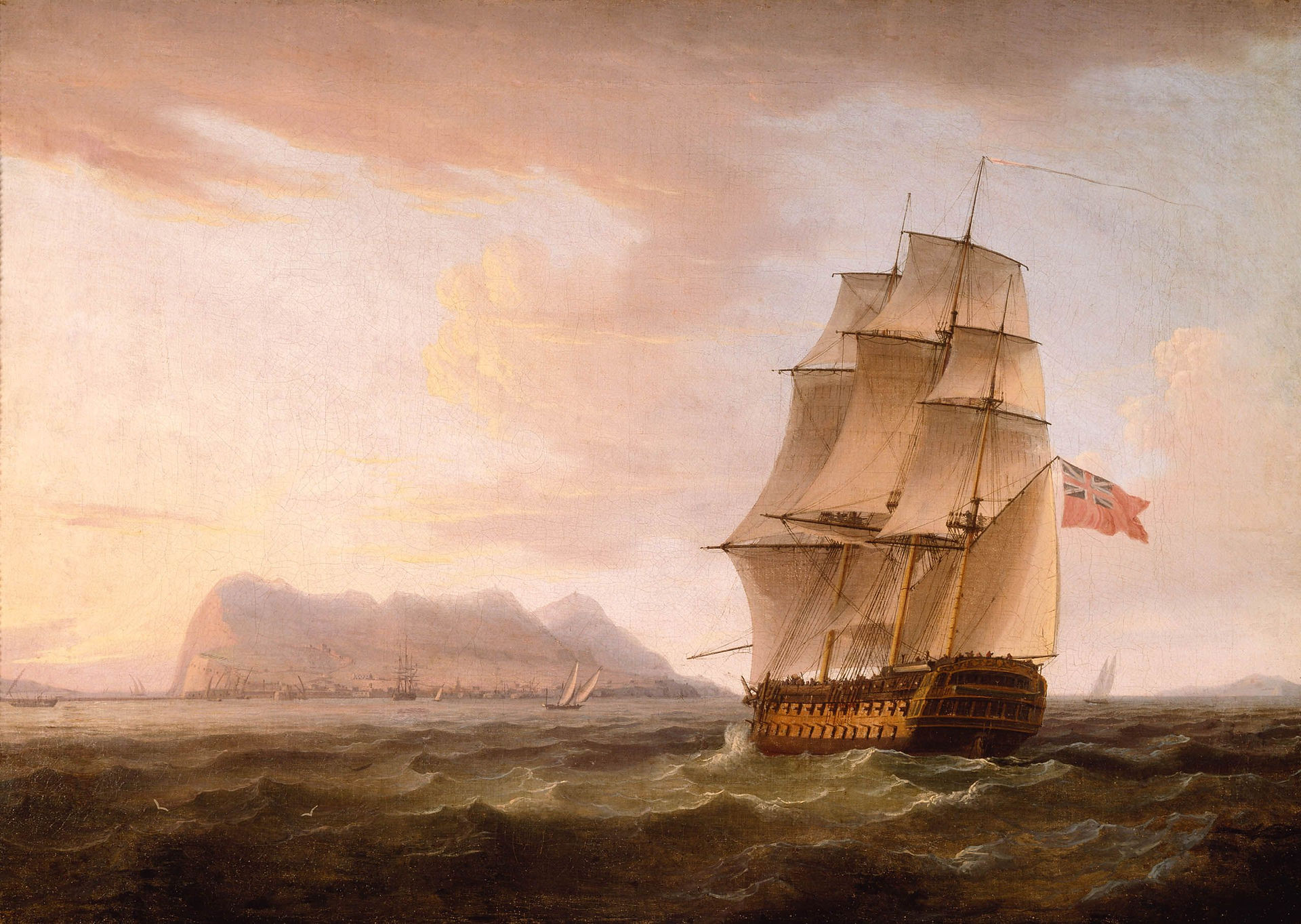 Thomas Whitcomb: A British warship off the Rock of Gibraltar.