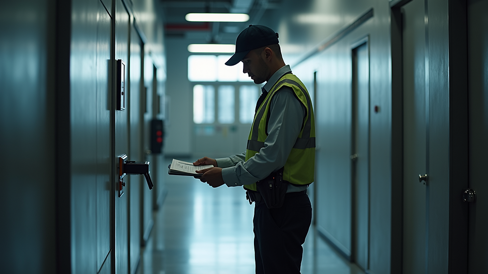 Close-up view of security guard checking credentials at industrial facility entrance