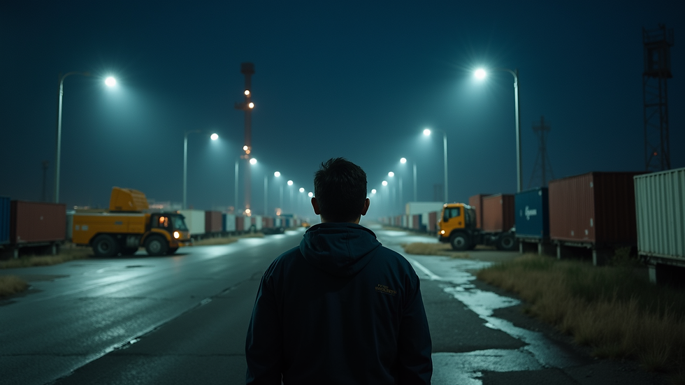 Eye-level view of a security guard monitoring an industrial yard at night