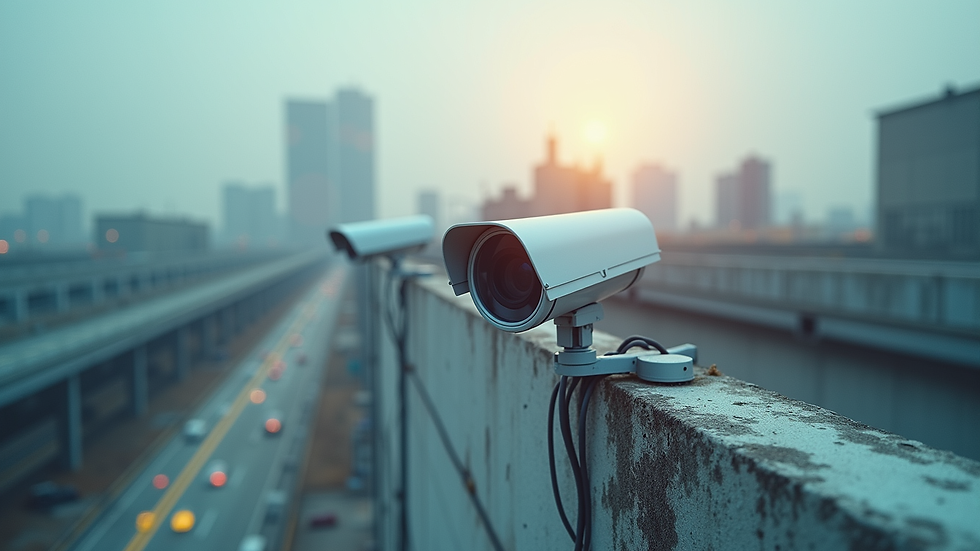 High angle view of surveillance cameras installed on industrial facility rooftops