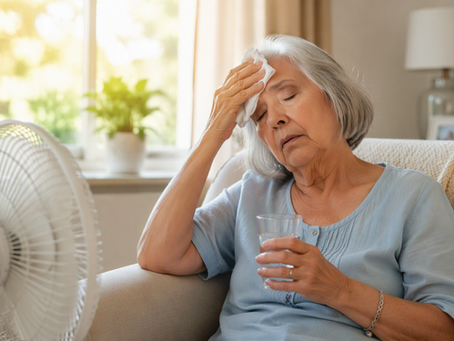 Older adult indoors during a Hudson Valley heat wave in New York sitting near a fan, holding a glass of water and cooling forehead with a cloth, illustrating dehydration risk, heat exhaustion, and heat stroke in seniors.