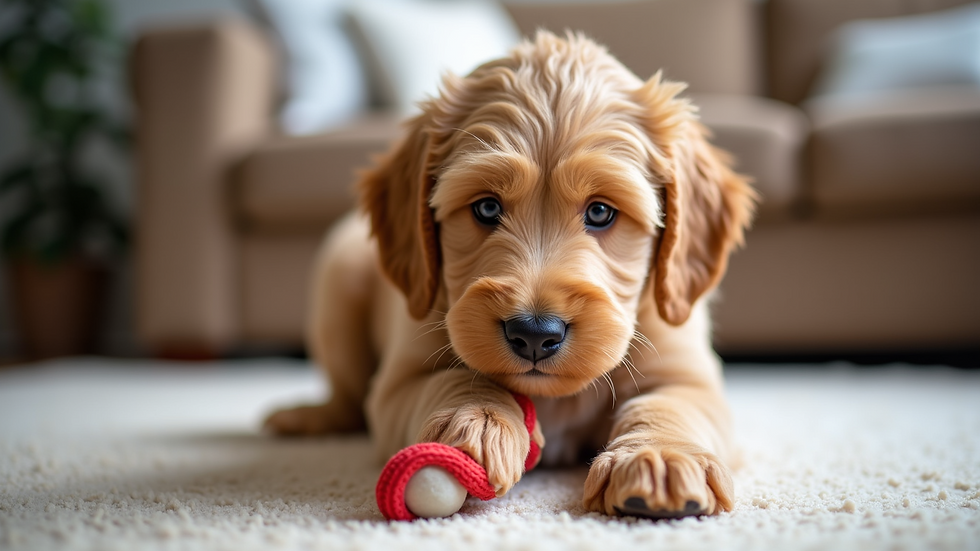 Eye-level view of a Goldendoodle puppy playing with a chew toy indoors