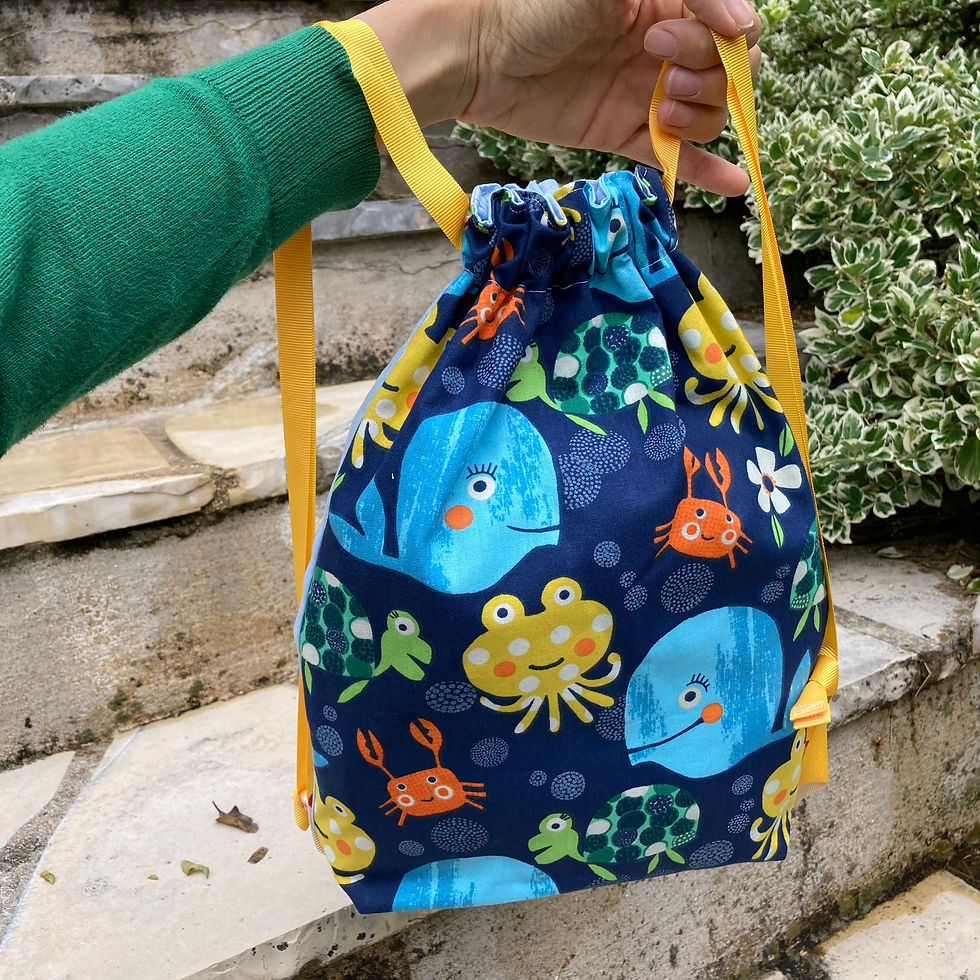 Miniature : Sac à Dos - ANIMAUX MARINS avec uni BLEU CIEL et ruban JAUNE