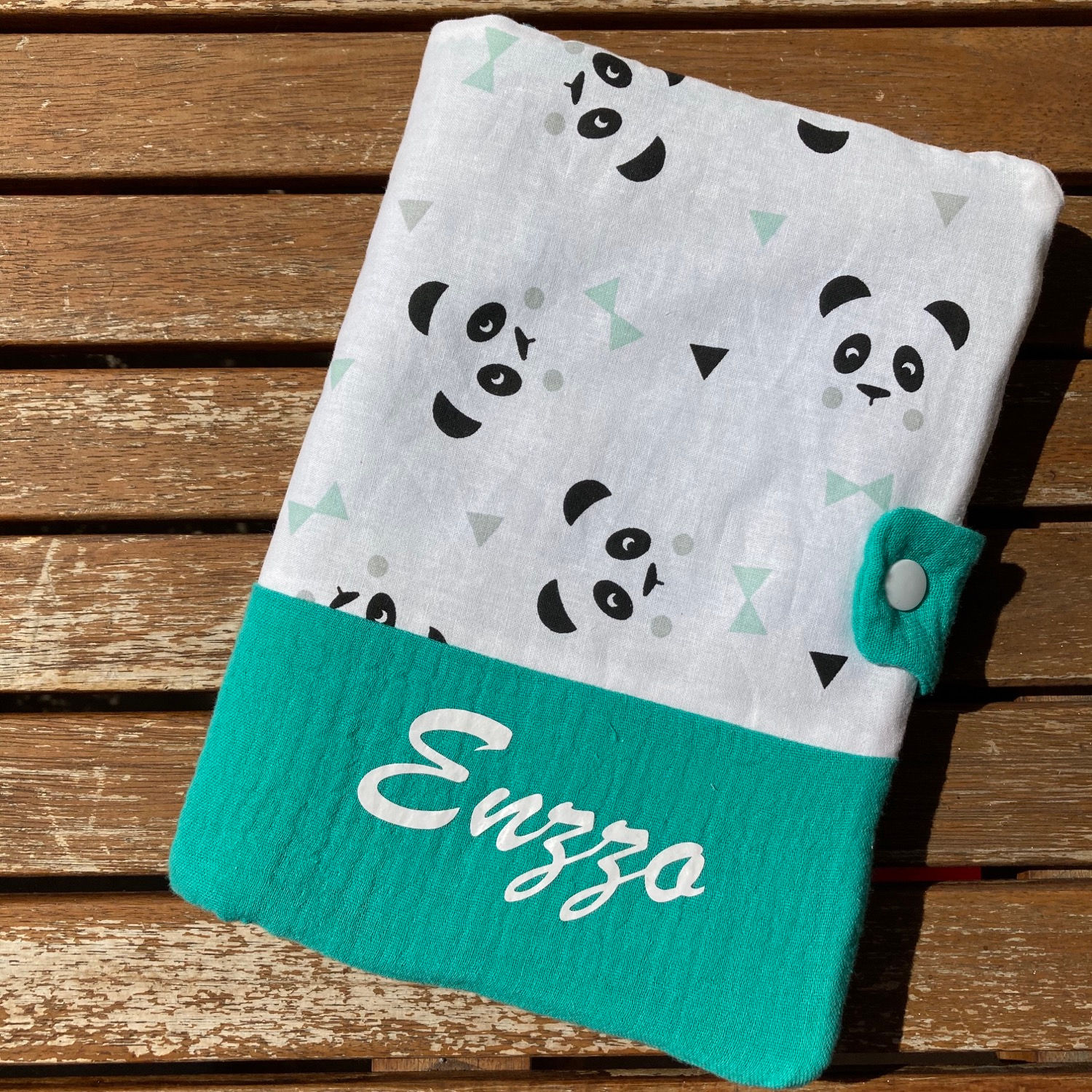Protège Carnet de Santé - PANDA & VERT D'EAU - rabats pression + prénom