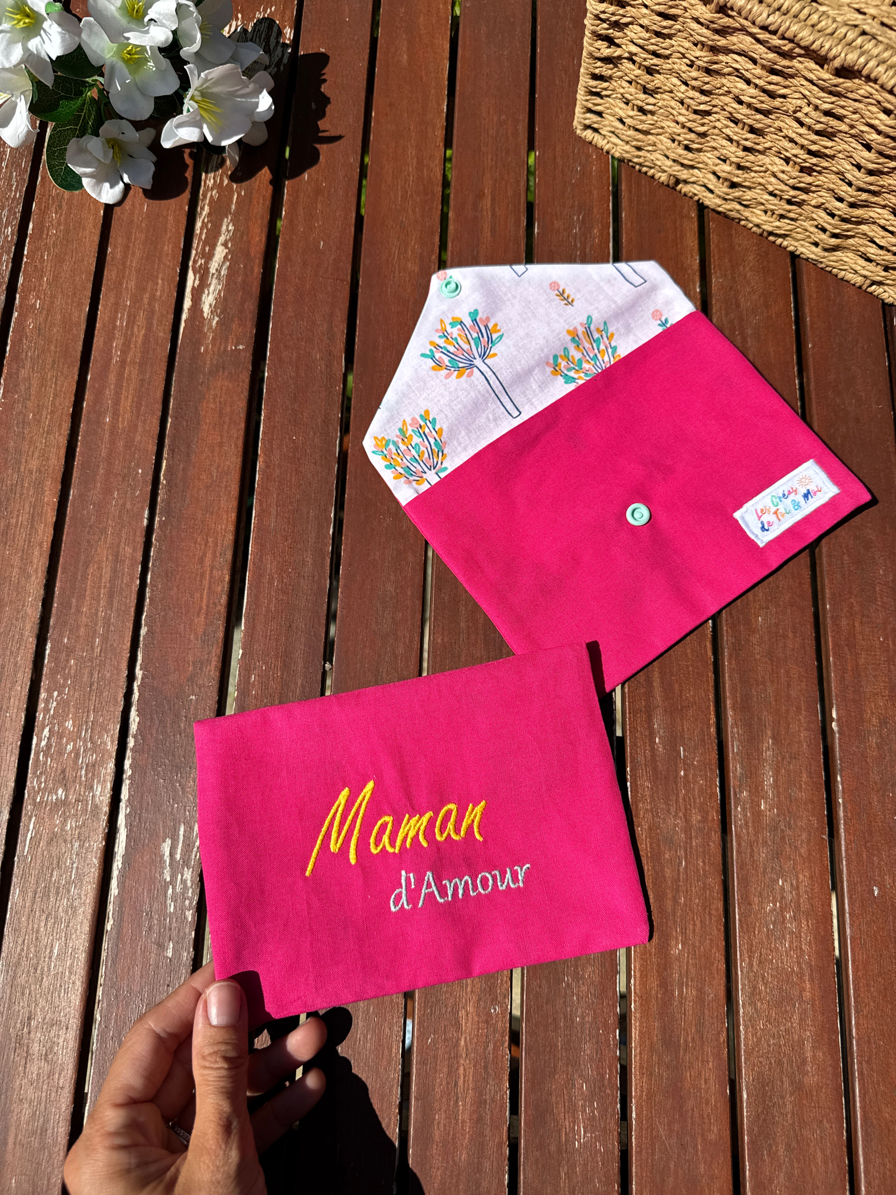 Pochette Brodée Maman d'Amour format A6 - Abre Fleuri ROSE MELBA FUSHIA (#1120)