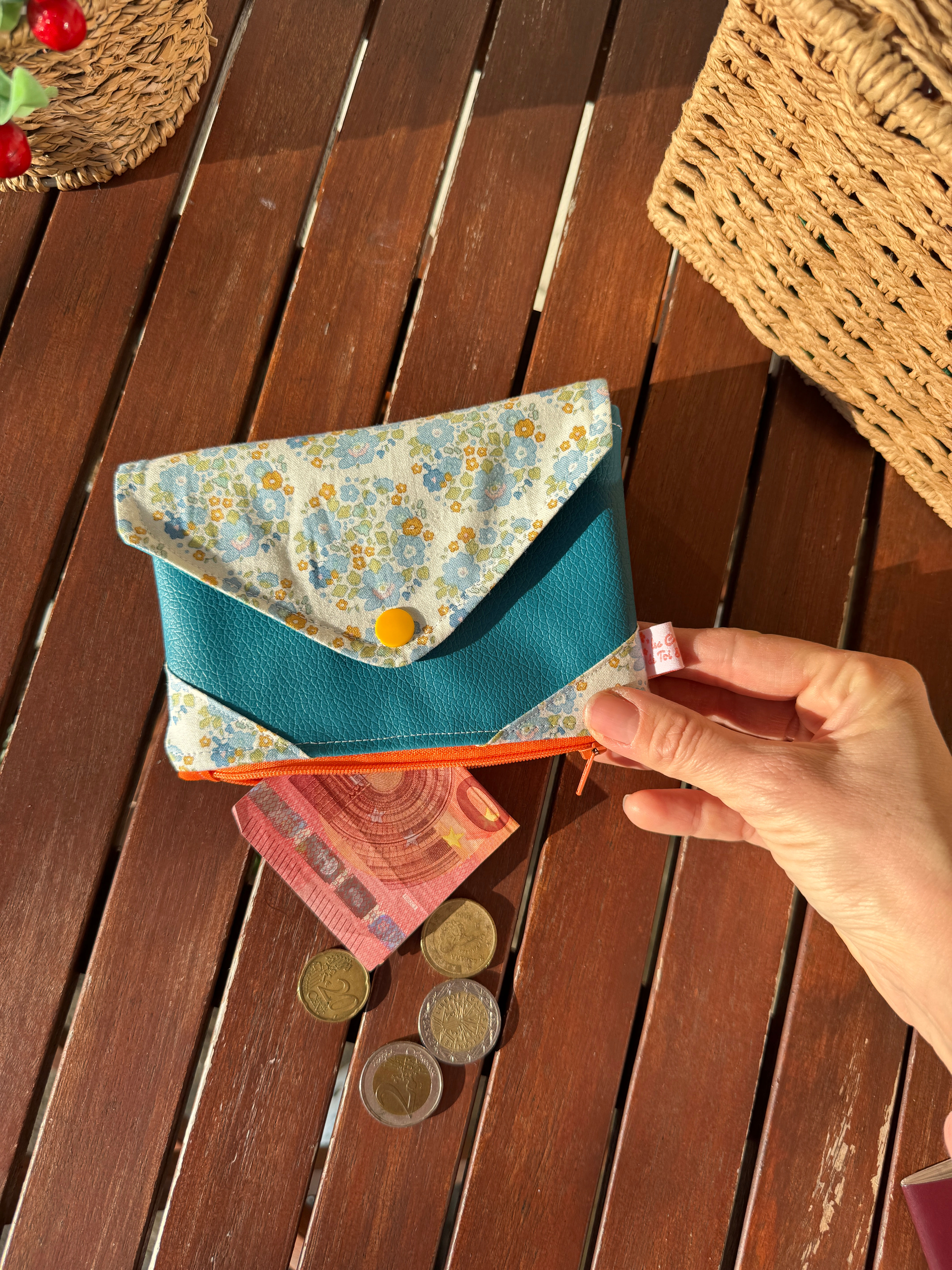 Porte-monnaie double entrée - CELADON FLORAL BLEU ORANGE (#1030)