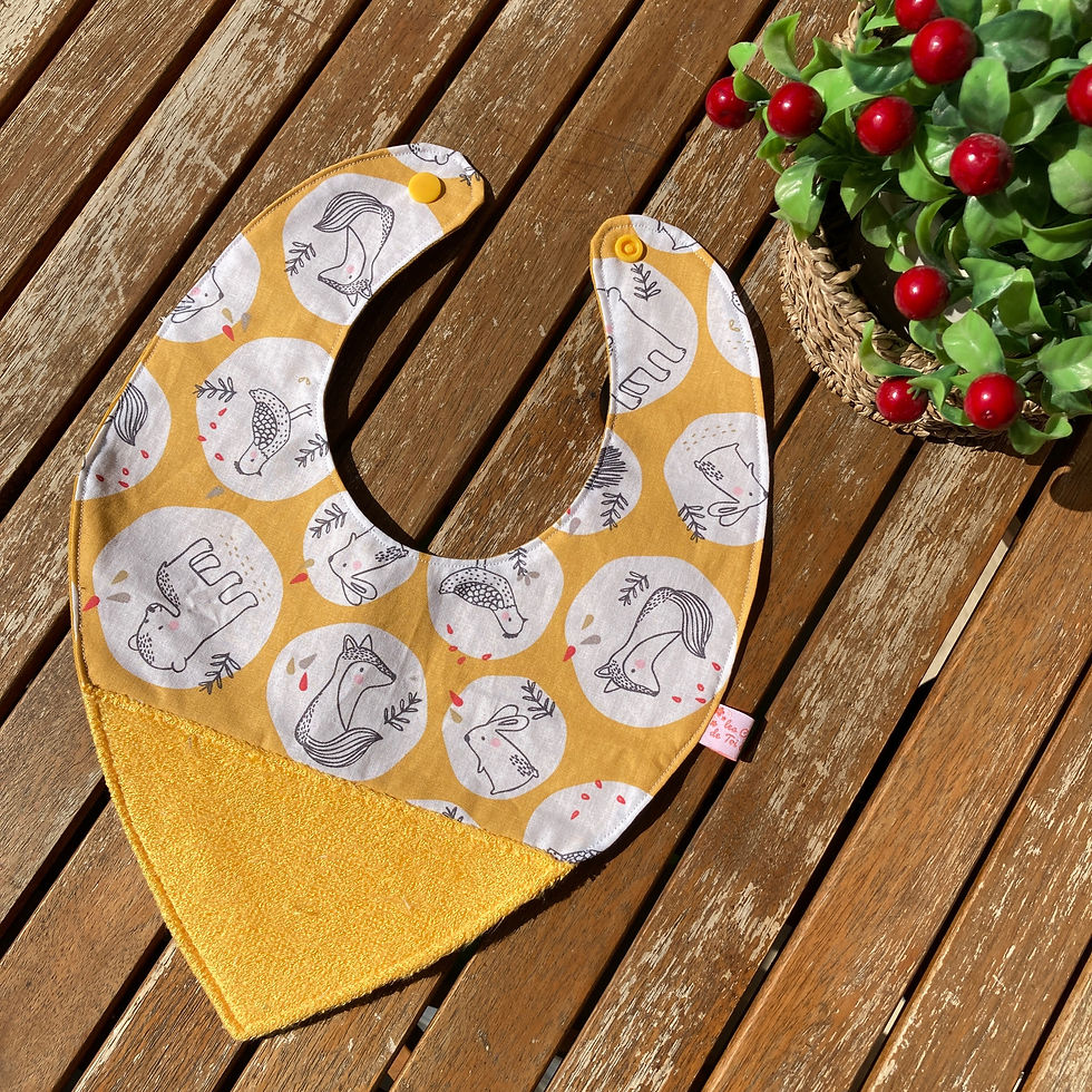 Miniature : Bavoir imperméable BANDANA avec éponge - PORTRAITS ANIMAUX et MOUTARDE (#215)