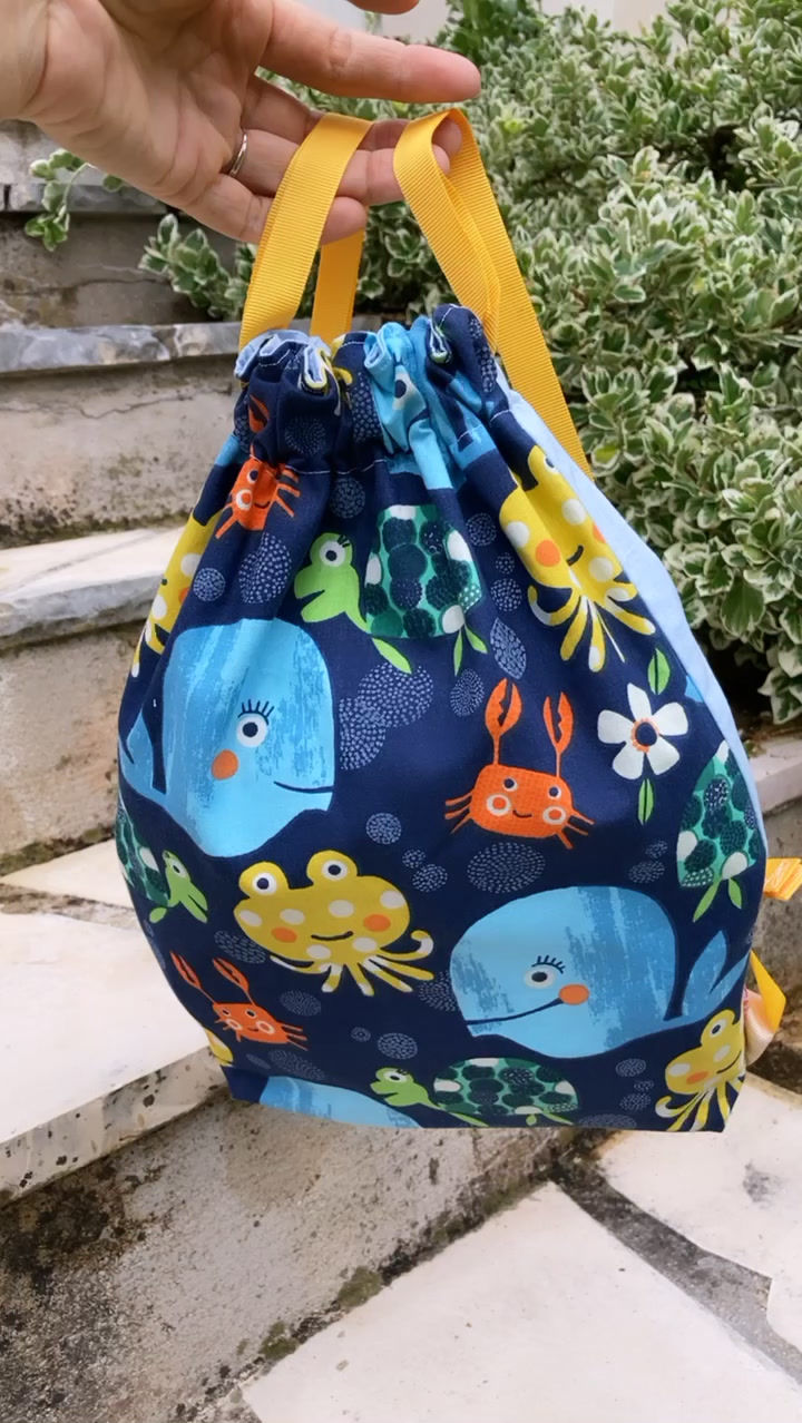 Miniature : Sac à Dos - ANIMAUX MARINS avec uni BLEU CIEL et ruban JAUNE