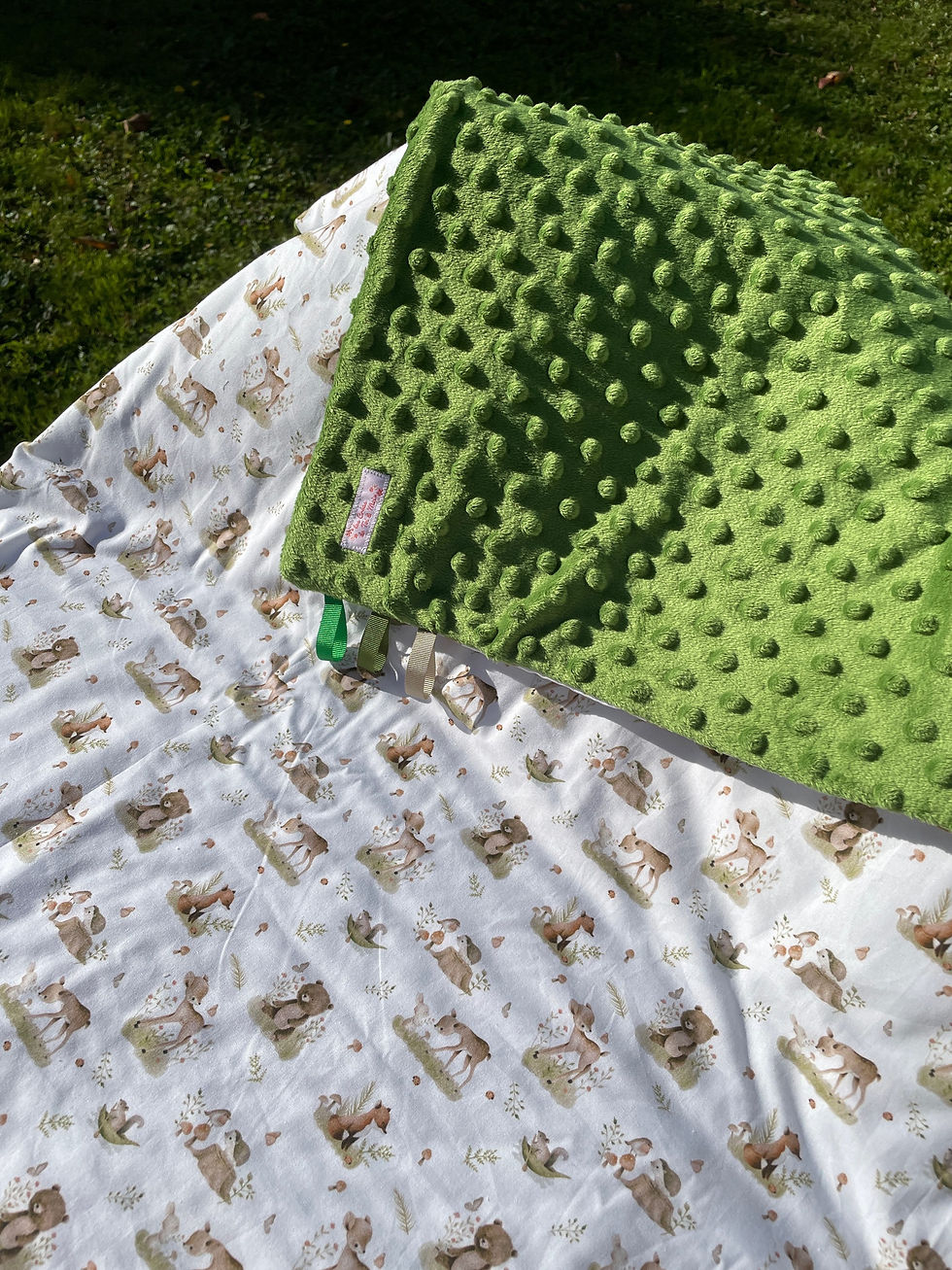 Miniature : Couverture ANIMAUX FORÊT VERT en tissu doux Minky et coton, env. 95x73cm