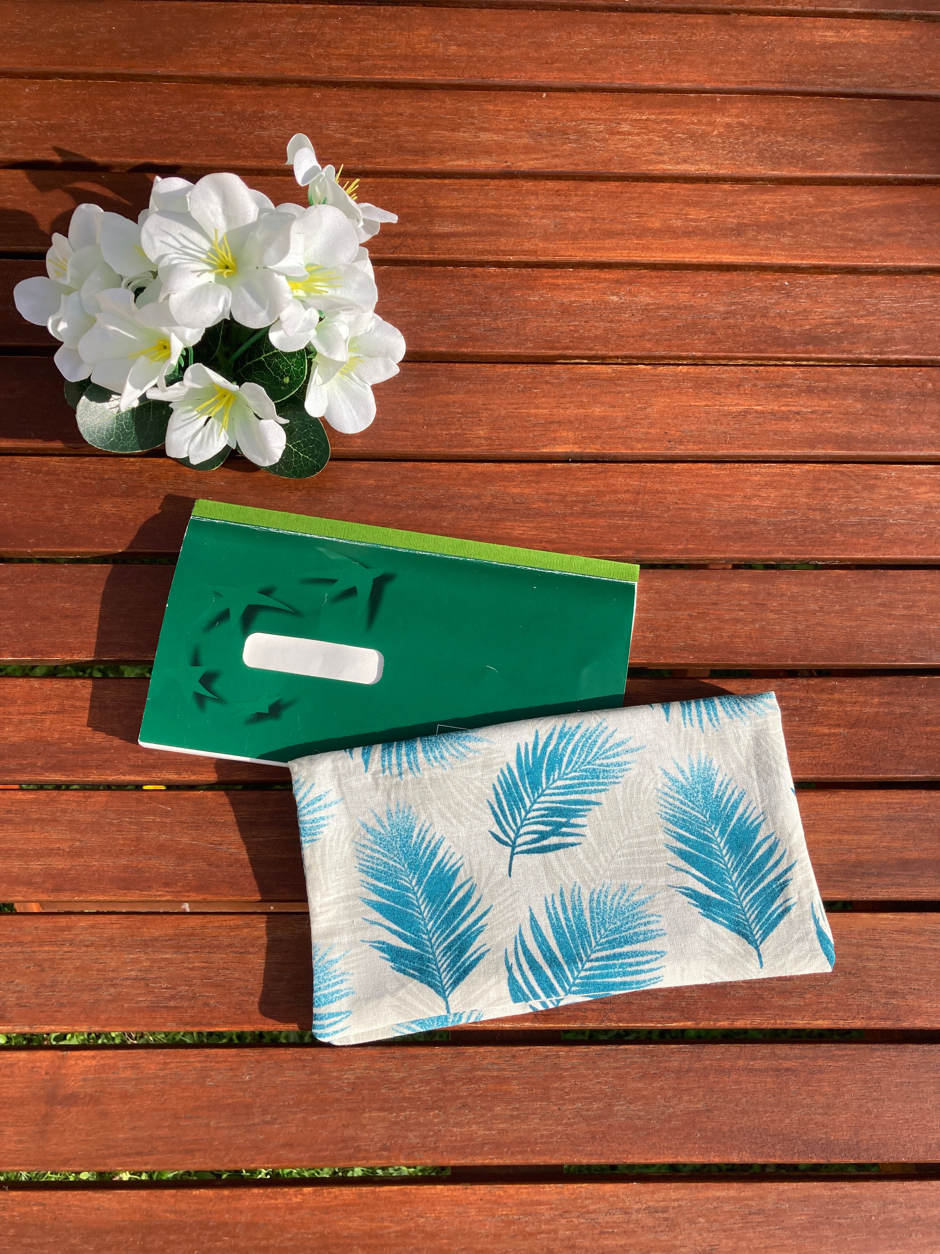 Protège Chéquier Portefeuille  en Tissu Coton - Plume Bleu