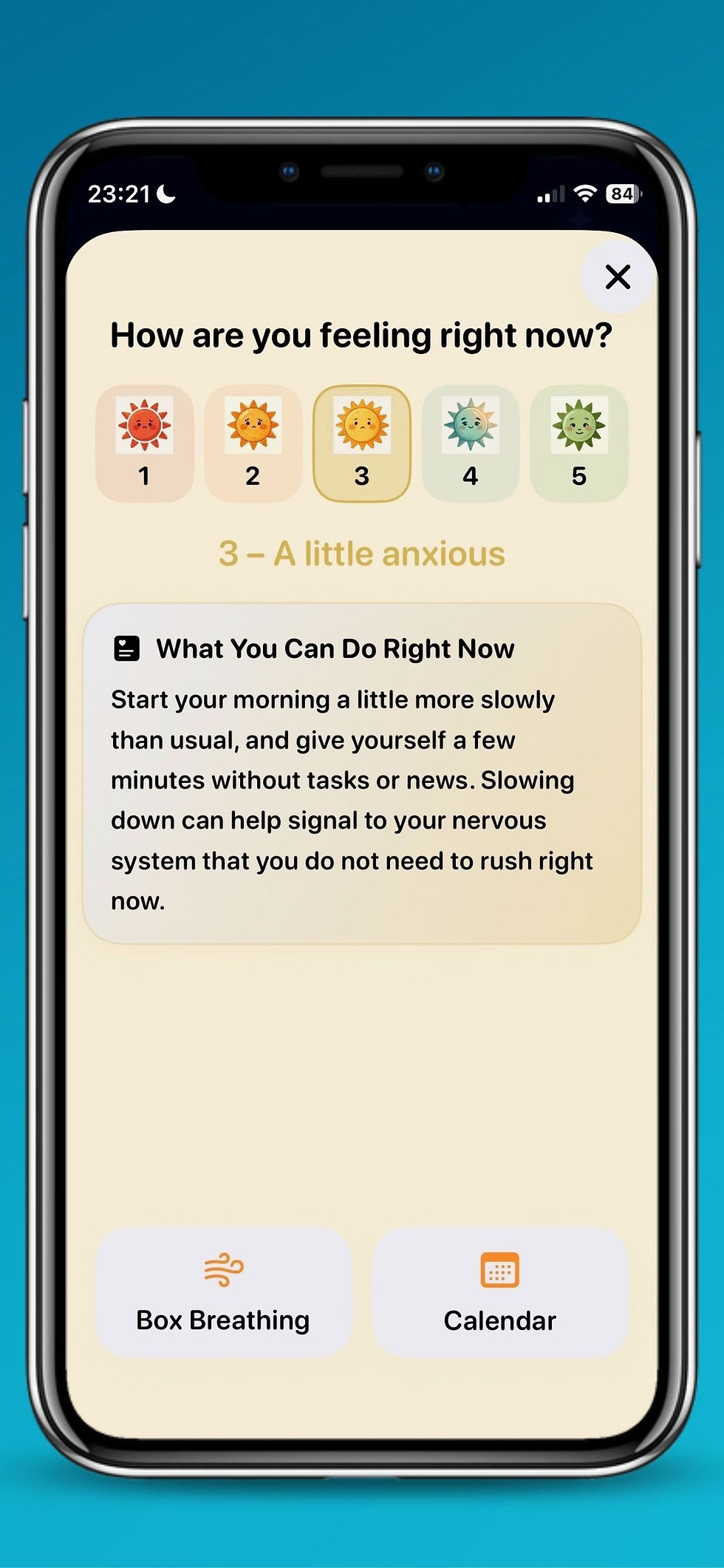 MorningHello emotional check-in screen showing “A little anxious” and a supportive tip.