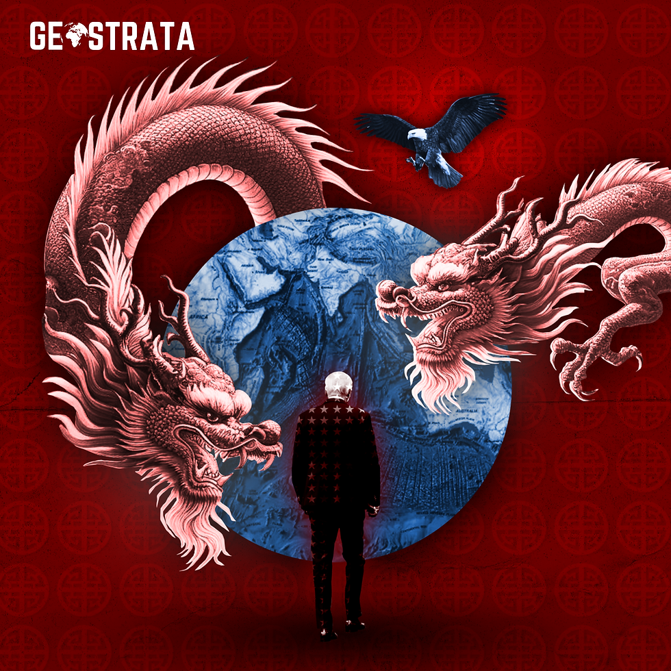 An illustration with the Chinese Dragon threatening the Indo-Pacific, which is then preyed on by the American Bald Eagle