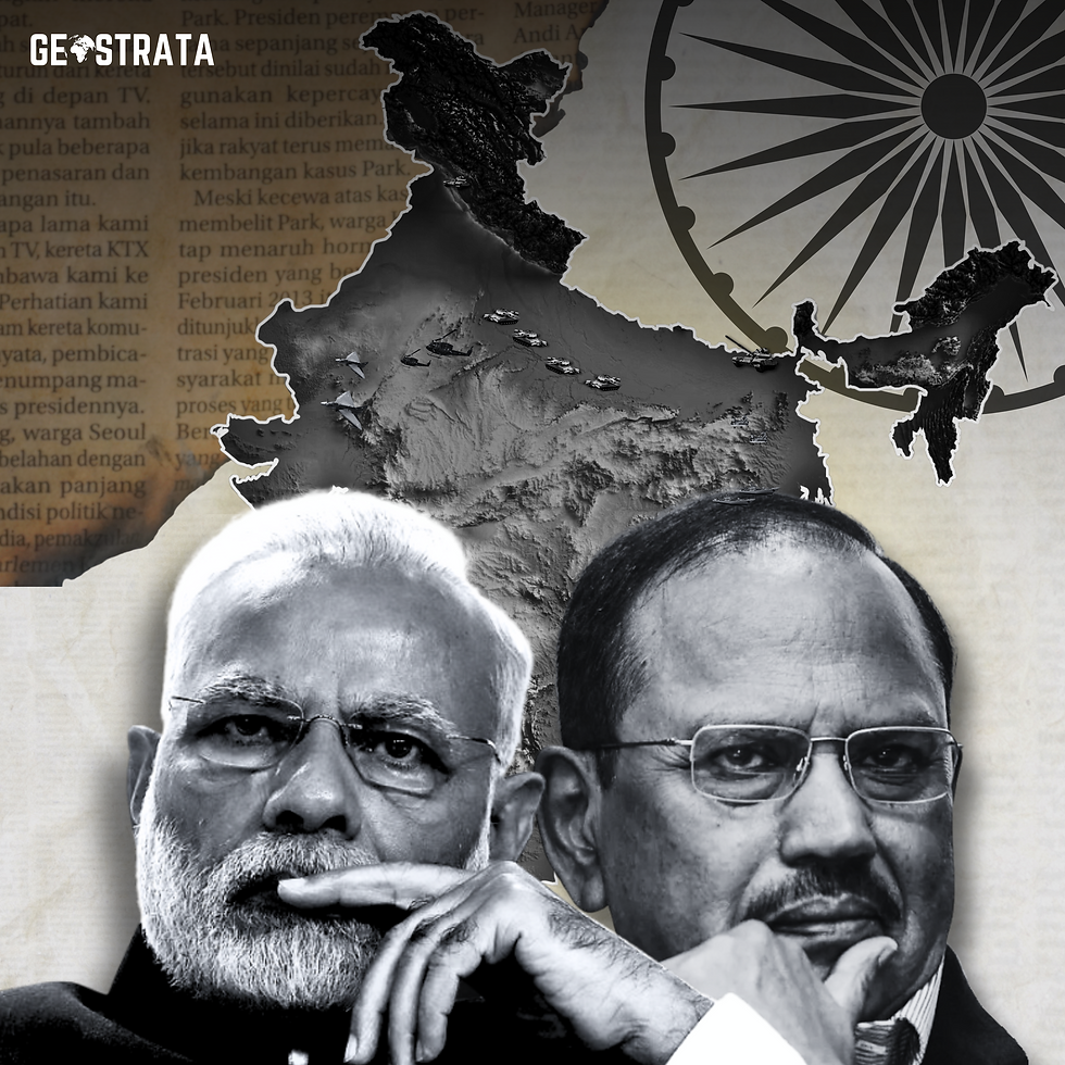 An illustration with Ashokan Chakra and a relief map of India behind the Indian Prime Minister Modi and National Security Advisor Ajit Doval.