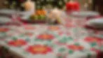 Close-up view of a festive tablecloth placed on a dining table