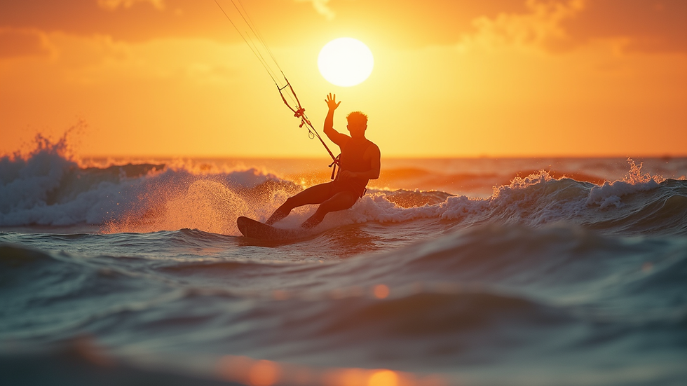 Wide angle view of a kitesurfer riding the waves at sunset