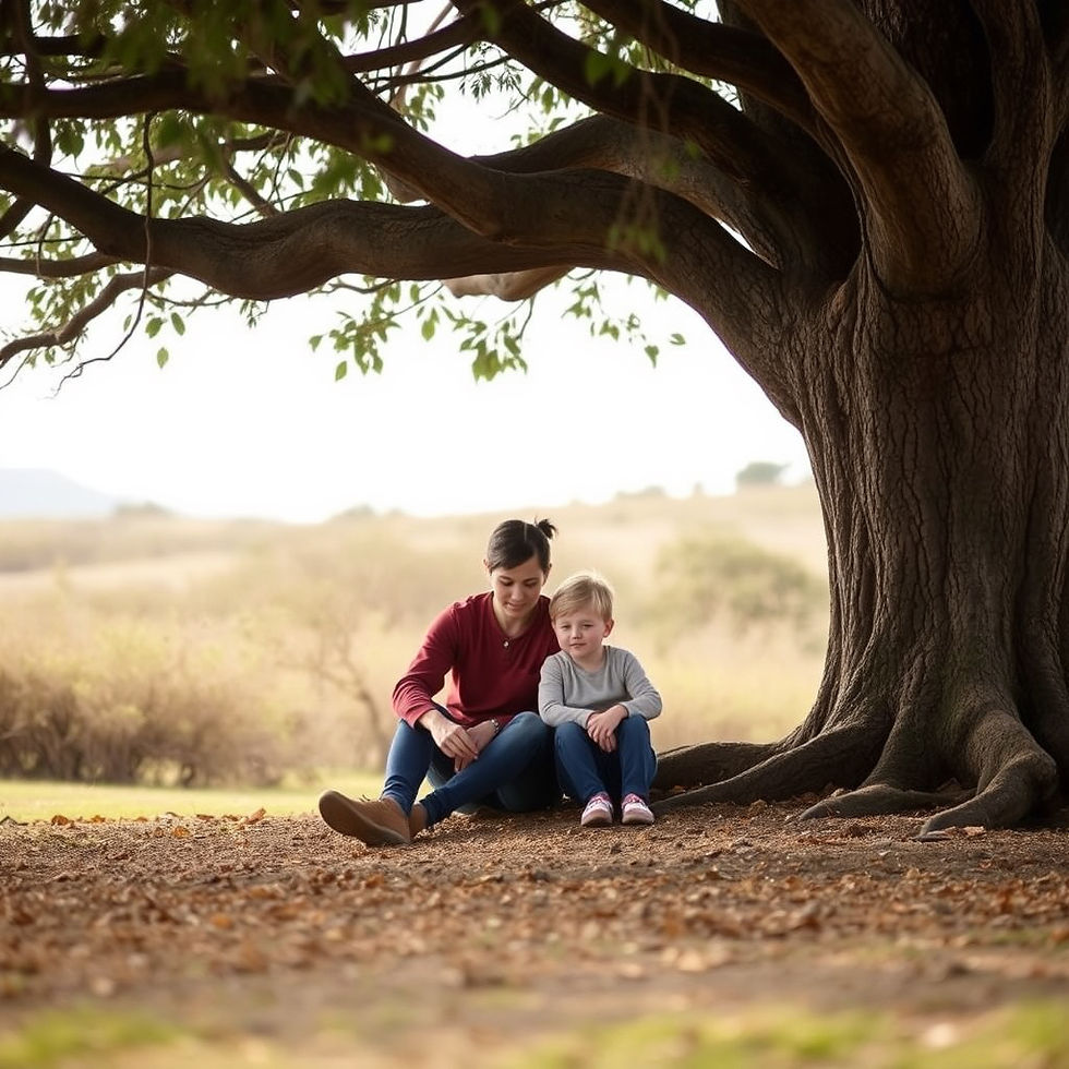 A peaceful natural scene showing a child and adult sitting quietly together under a large 