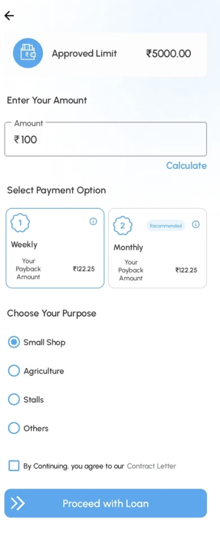 NANO Money App displaying flexible repayment options, allowing users to choose between weekly or monthly payback plans.