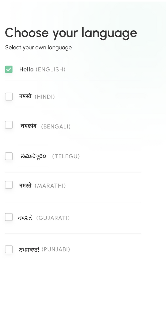 Language selection screen allowing users to choose their preferred language for a personalized experience.