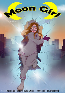 Cover of Moon Girl 4: Rift depecting the hero Mist Paragon who looks worrried as she steps out of a hole in broken glass
