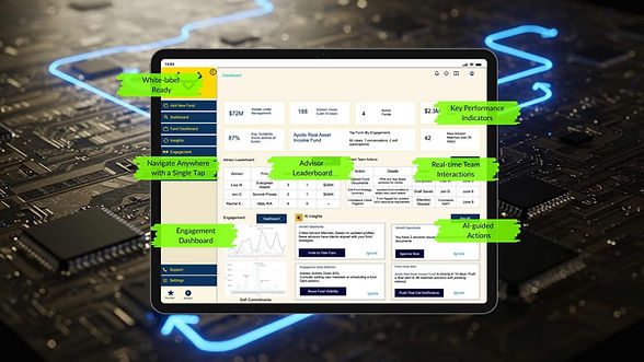 Tablet displaying the Taurion agentic AI dashboard over an AI chip backdrop, highlighting automated diligence, suitability, and compliance