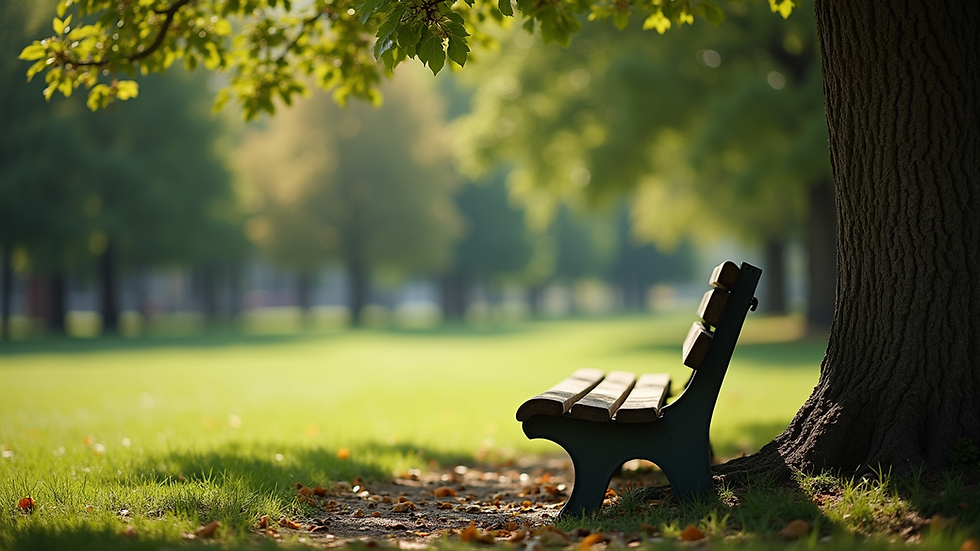 High angle view of a peaceful park bench under a tree