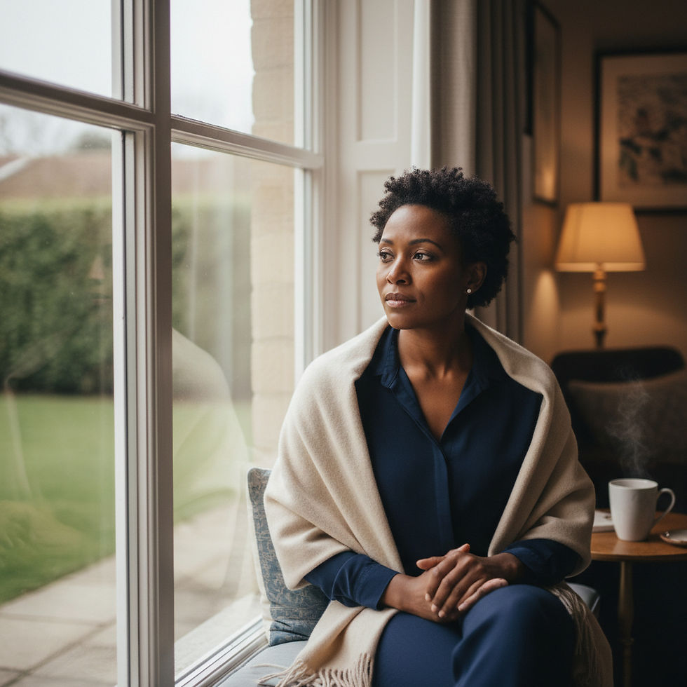A Black woman looking out a window, a private, unguarded moment away from the version of her that everyone else sees