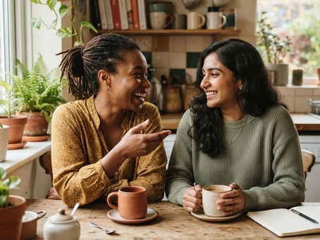 Two women friends talking closely over coffee at a kitchen table.