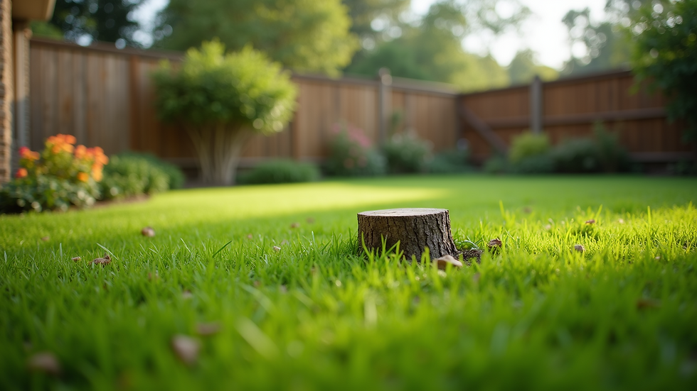 Eye-level view of a clean, stump-free backyard with green grass