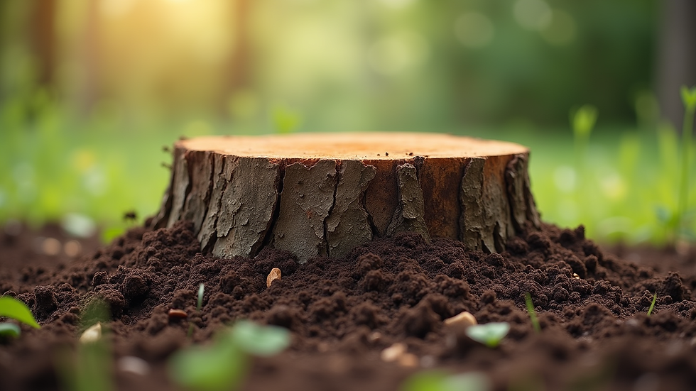 Eye-level view of a freshly ground tree stump with smooth soil ready for planting