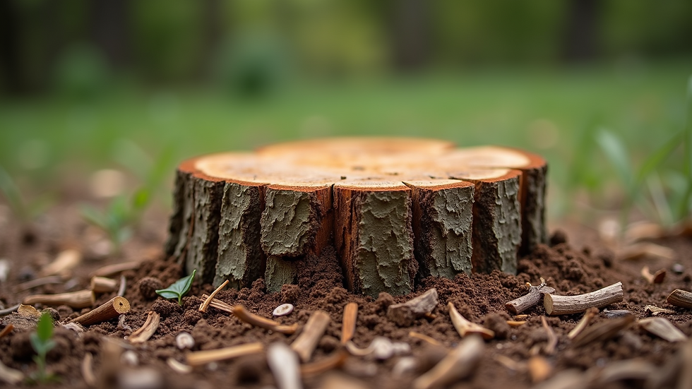 Eye-level view of a freshly ground tree stump with wood chips around