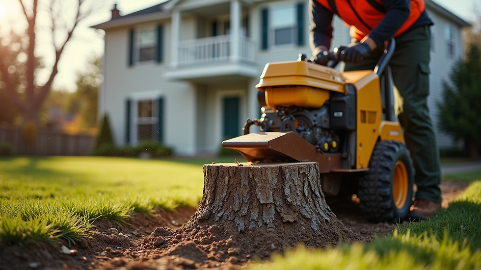 Eye-level view of a professional using a stump grinder in a residential yard