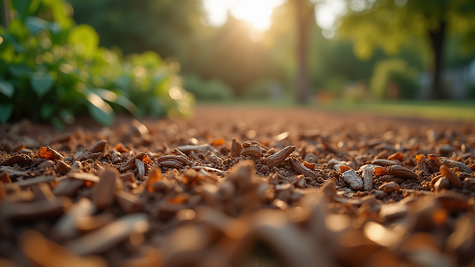 High angle view of wood chips spread as mulch in a garden bed