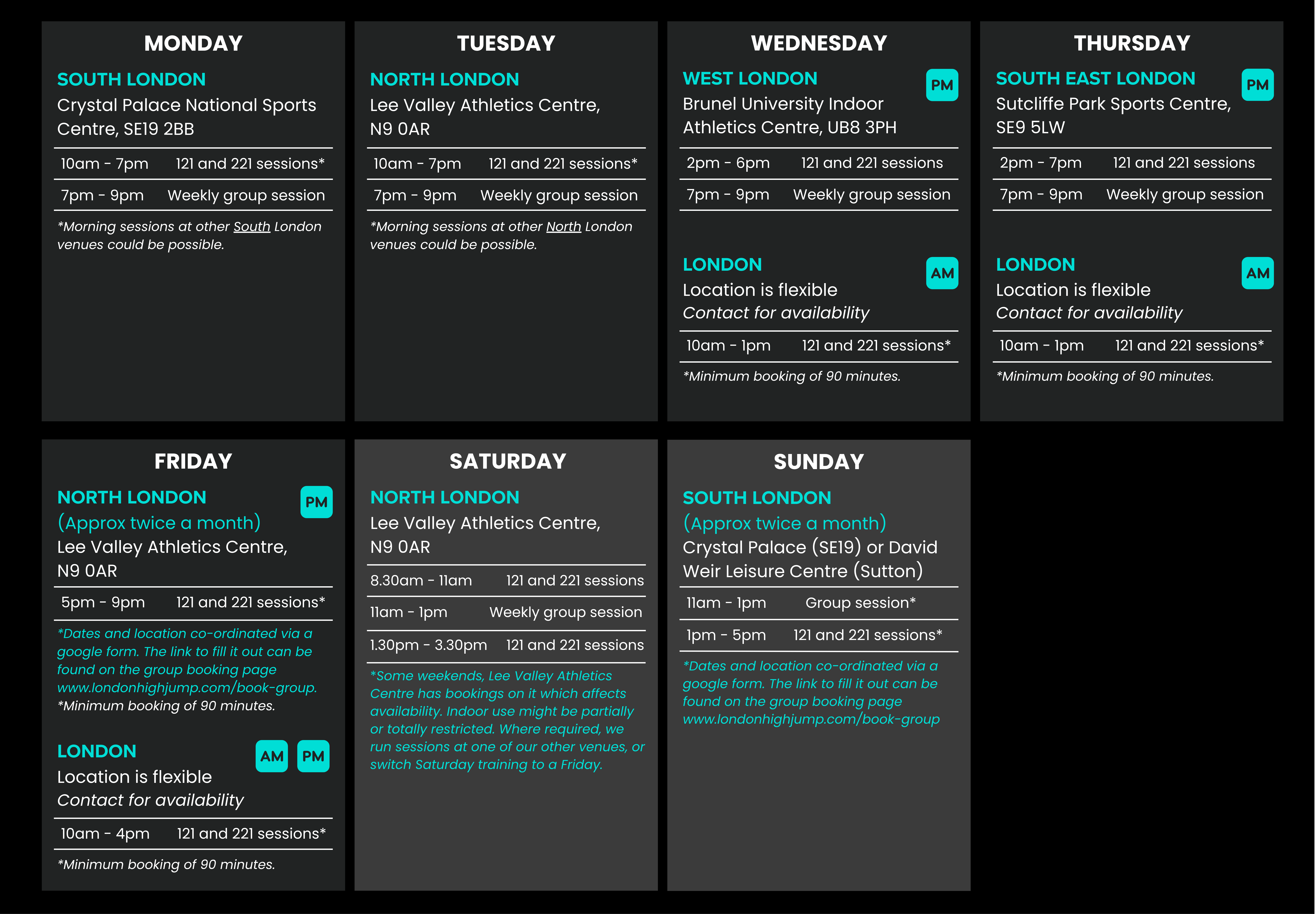 Locations and weekly schedule