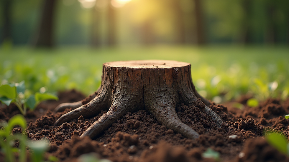 Eye-level view of a freshly ground tree stump with soil filled in