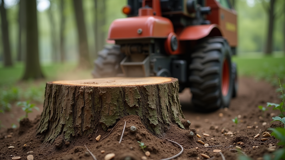Close-up view of a stump grinder machine in action on a tree stump