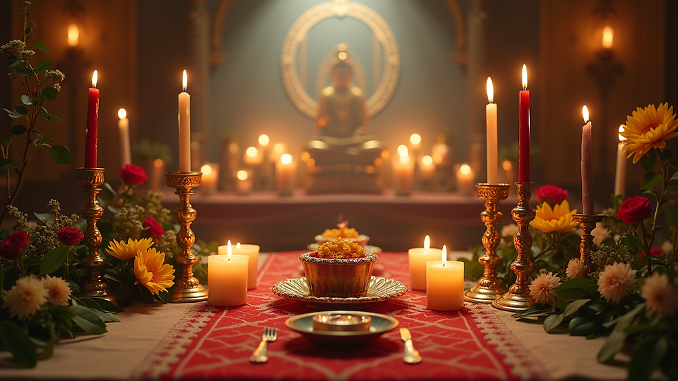 Vista de un altar con elementos de puja y flores frescas