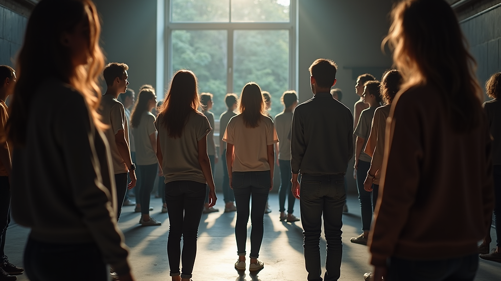 Eye-level view of a rehearsal space filled with students practicing their lines