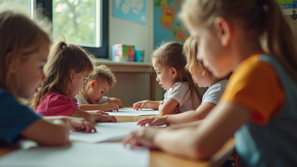 Eye-level view of a vibrant classroom filled with children engaged in a drama activity