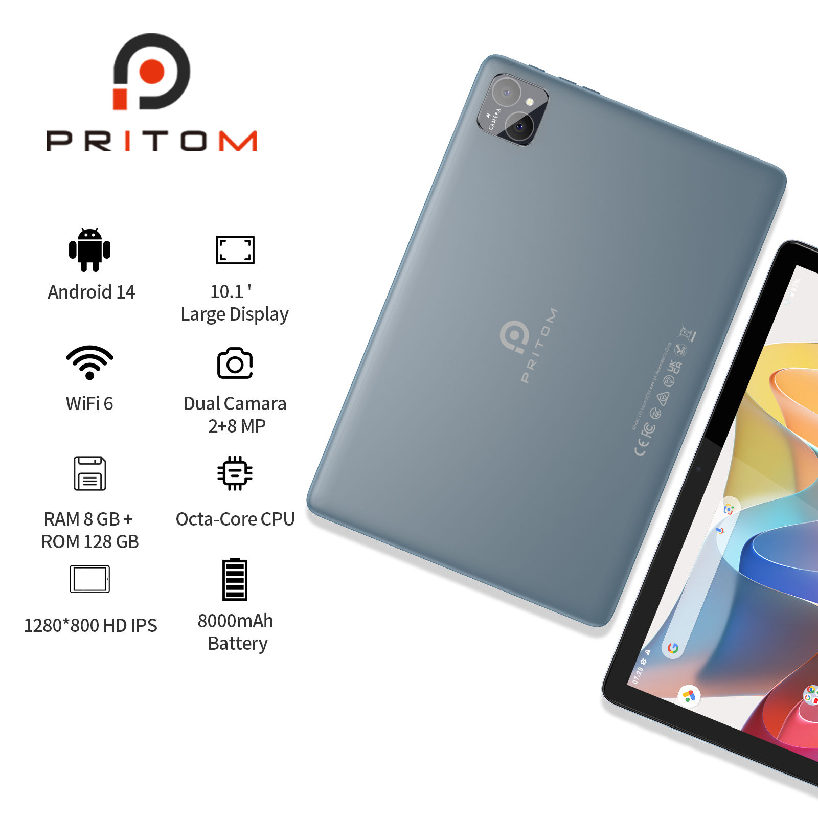 PRITOM Android 14 Tablet 10.1 Inch, 8GB(4+4 Expand) RAM + 128GB ROM, Octa Core,