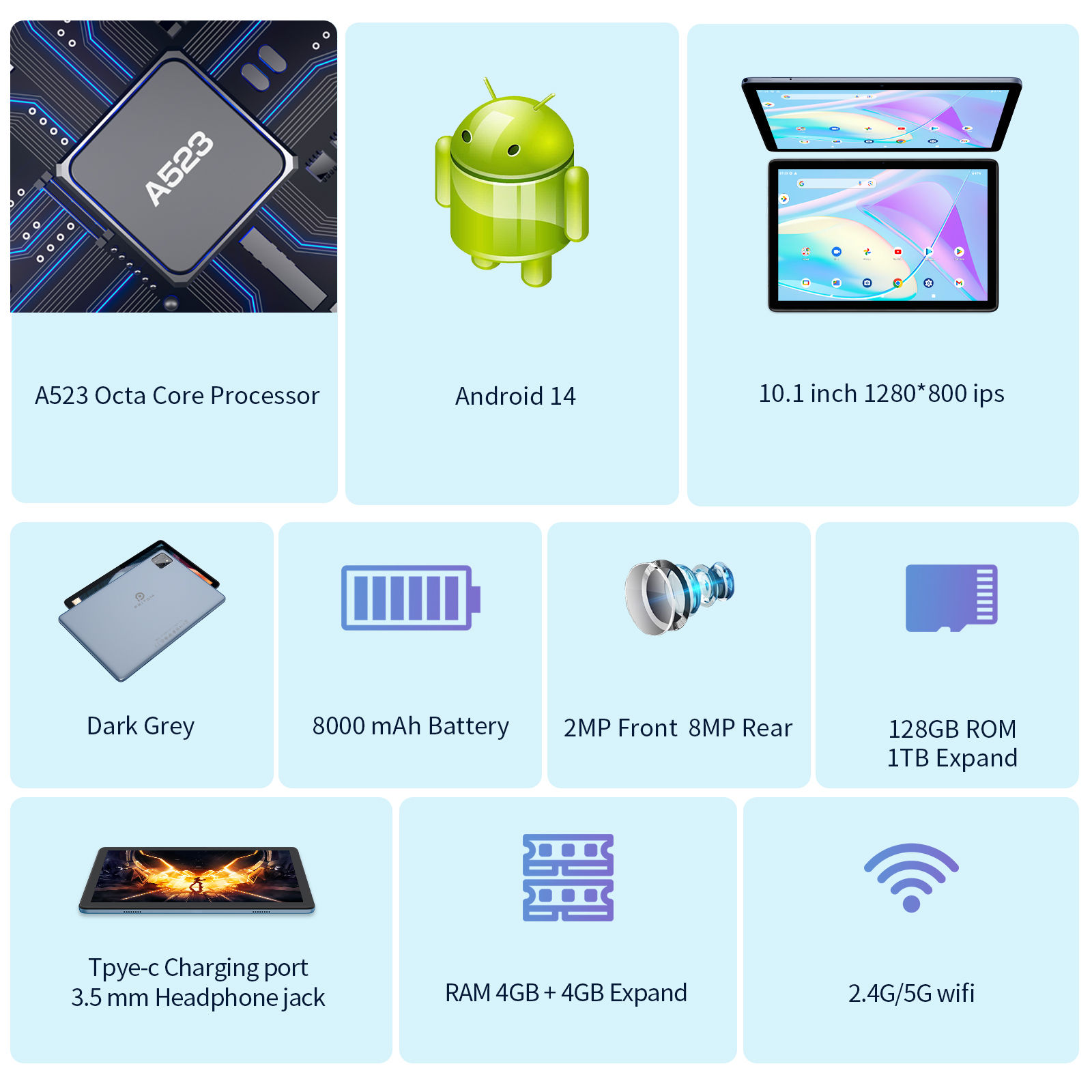 PRITOM Android 14 Tablet 10.1 Inch, 8GB(4+4 Expand) RAM + 128GB ROM, Octa Core,
