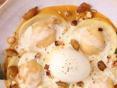 Ravioles de butternut, velouté de châtaignes & noisettes